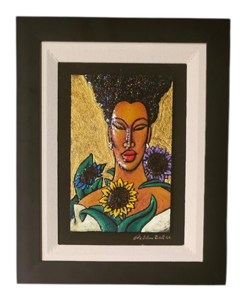 Framed artwork of a woman with flowers  around her, set against a black frame.